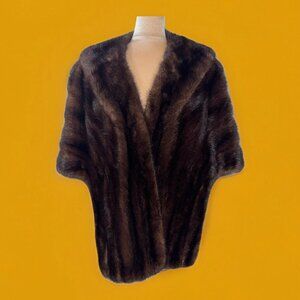 Retro Natural Mahogany Mink Stole Wrap Shawl with Collar & Pockets Brown vtg